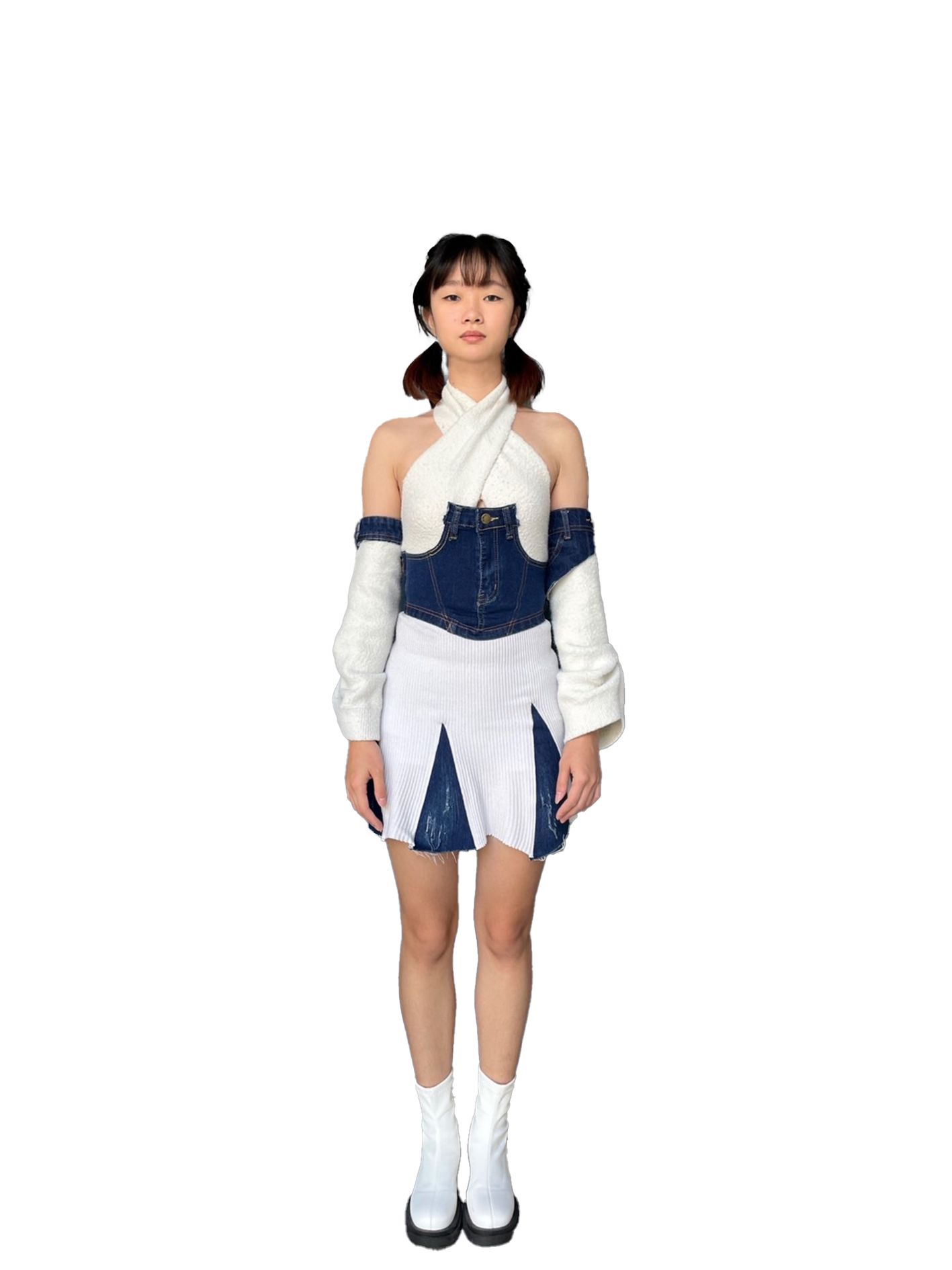 毛衣剪接丹寧套裝